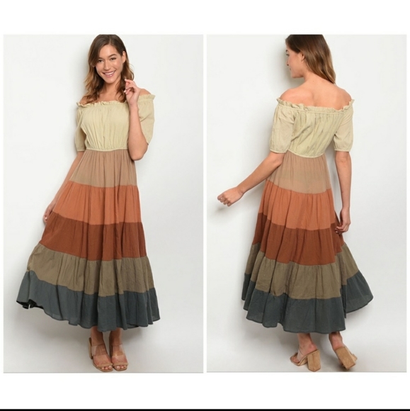 Storia Dresses & Skirts - SOLDBoho colorblock off shoulder tiered maxi dress